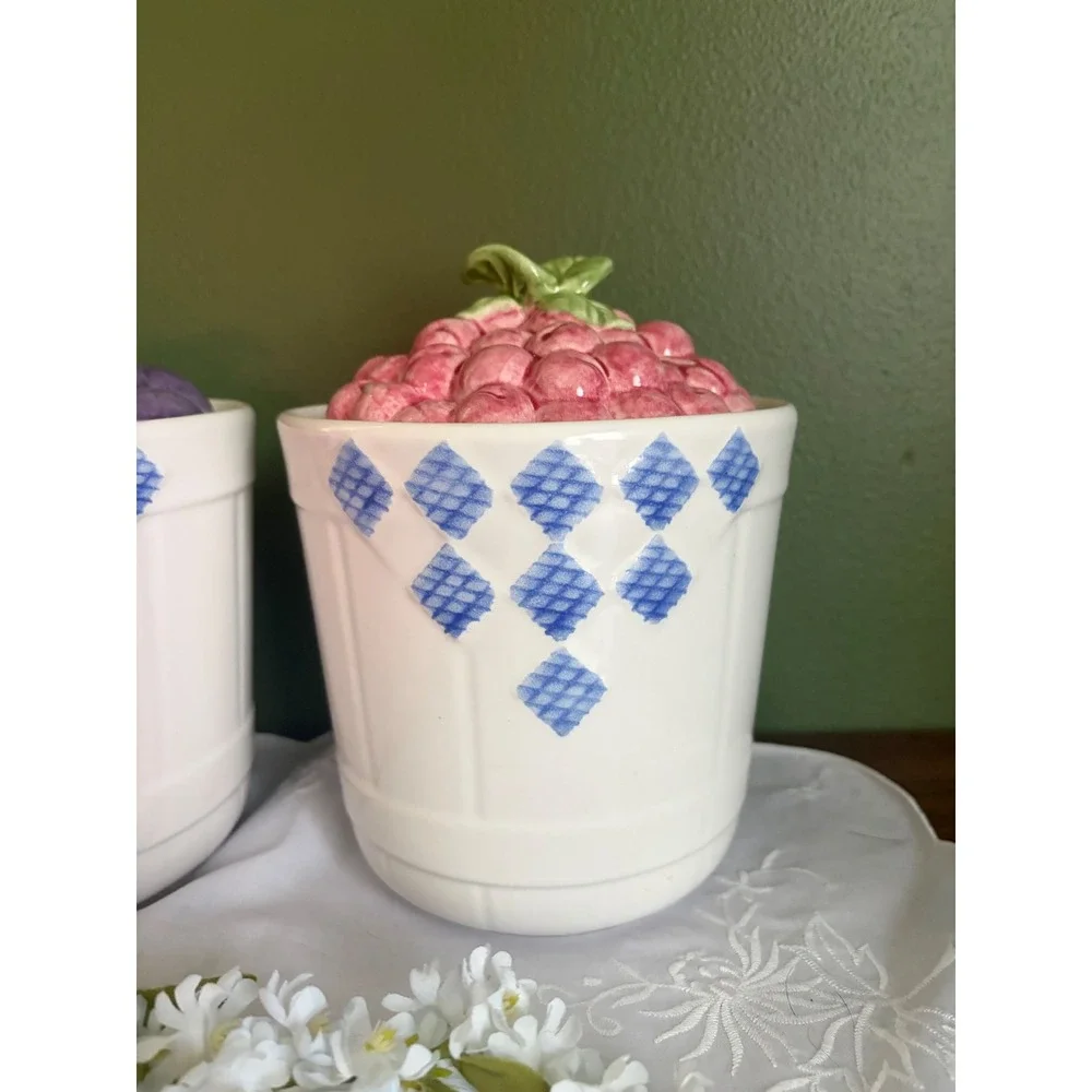 Vintage‎ Treasure Craft Ceramic Fruit Canister Set Plums and Cherries